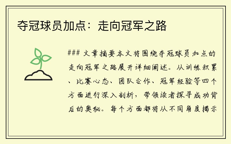 夺冠球员加点：走向冠军之路