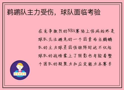 鹈鹕队主力受伤，球队面临考验